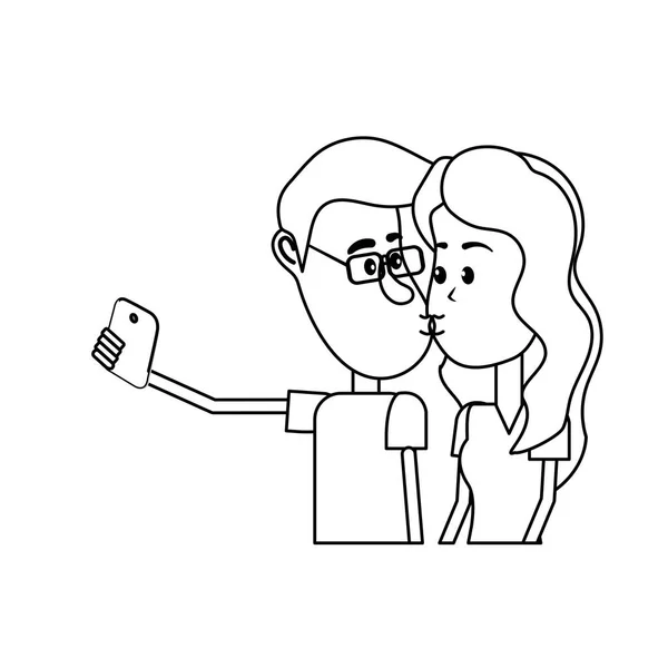 Ligne Couple Baisers Prendre Selfie Avec Smartphone Illustration Vectorielle — Image vectorielle