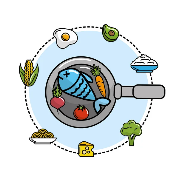 Pescado Dentro Sartén Con Verduras Frutas Vector Ilustración — Vector de stock