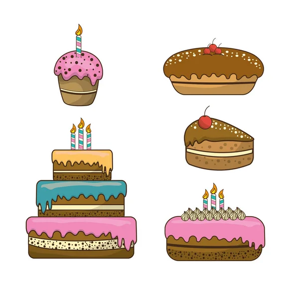 Happy Birthday Cakes Deco Candles Vector Illustration — Stock Vector