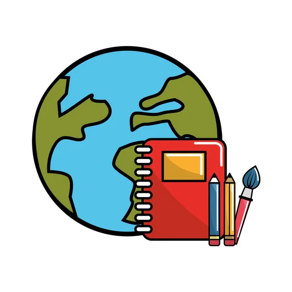 全球地球与环笔记本和学校工具 矢量插图 — 图库矢量图片