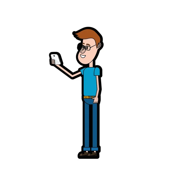 Bell Uomo Con Acconciatura Smartphone Nell Illustrazione Vettoriale Della Mano — Vettoriale Stock