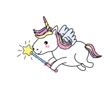 Güzellik unicorn kanatları ve sihirli değnek vektör çizim ile