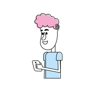 güzel adam saç modeli ve el vektör çizim içinde smartphone