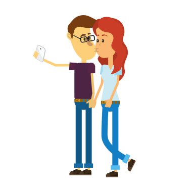 çiftin öpüştüğünü ve akıllı telefon vektör çizim ile alarak selfie