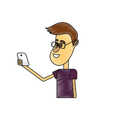 güzel adam saç modeli ve el vektör çizim içinde smartphone