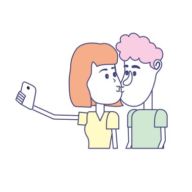 çiftin öpüştüğünü ve akıllı telefon vektör çizim ile alarak selfie