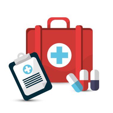 Hastane reçete hap kapsül bavul simge, vektör çizim tasarım