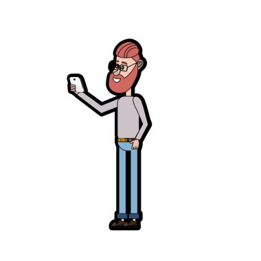 güzel adam saç modeli ve el vektör çizim içinde smartphone