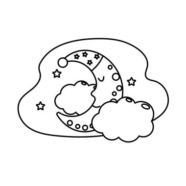 satır şirin ay uyku şapka tasarımı ve bulutlar yıldız vektör çizim ile