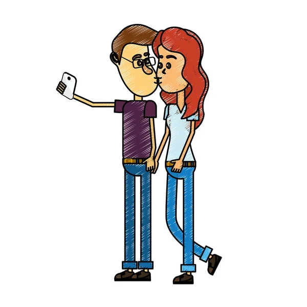 Para Całuje Biorąc Selfie Ilustracji Wektorowych Smartphone — Wektor stockowy