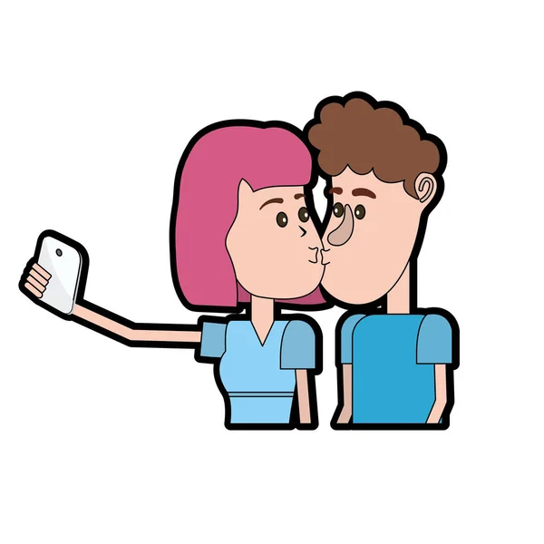 Pár Csók Figyelembe Selfie Smartphone Vektoros Illusztráció — Stock Vector