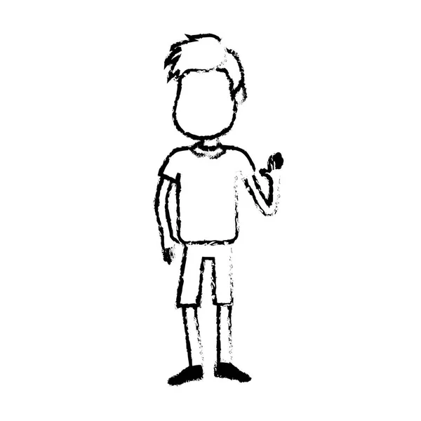 Рисунок Симпатичного Мальчика Поднятой Рукой Повседневной Одеждой Векторная Иллюстрация — стоковый вектор