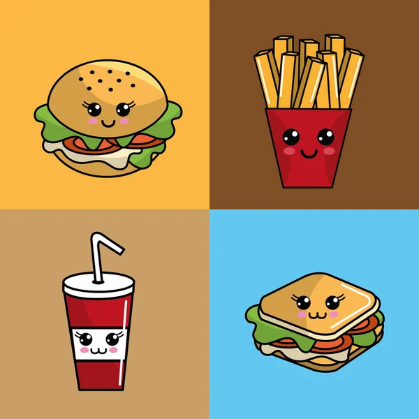 Kawaii Set Fast Food Icône Expression Adorable Illustration Vectorielle — Image vectorielle