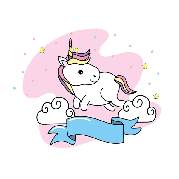 Mignon Licorne Avec Des Nuages Des Rubans Illustration Vectorielle Conception — Image vectorielle