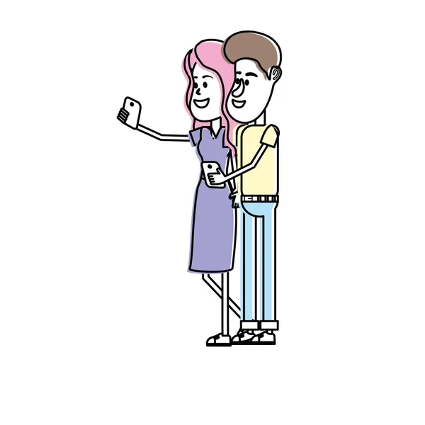 Couple Beauté Avec Coiffure Smartphone Dans Illustration Vectorielle Main — Image vectorielle