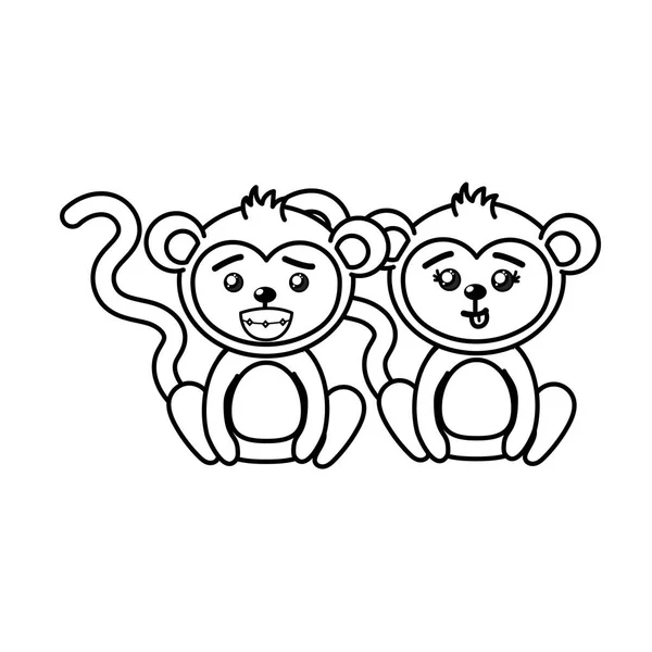Line Cute Couple Monkey Wild Animal Beautiful Expression Vector Illustration — Stock Vector