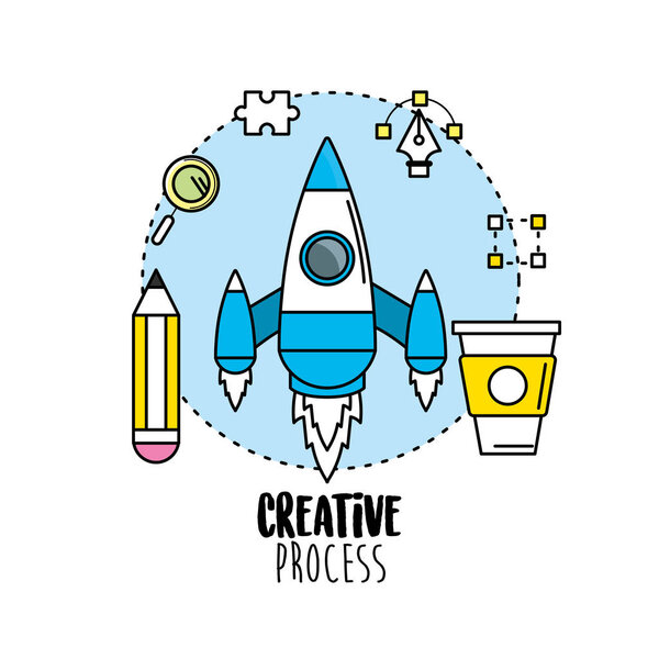 rocket with pencil and creative process icons vector illustration