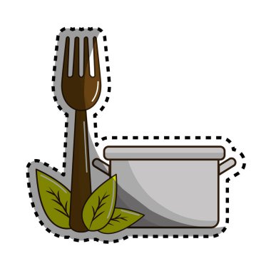 etiket pot mutfak çatal aracı ve yaprakları, vektör çizim ile