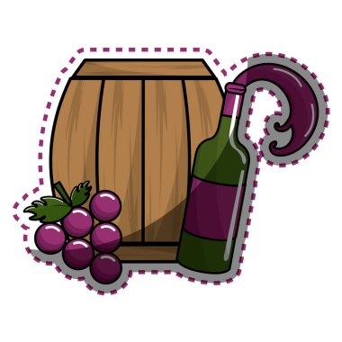 etiket şişe şarap, varil ve üzüm, vektör çizim tasarım sıçramasına