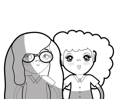 tatlı güzel kızlar saç modeli ve rahat kıyafet, vektör çizim ile satır