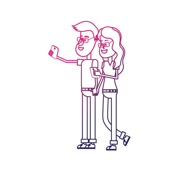 Ligne Couple Beauté Avec Coiffure Smartphone Dans Illustration Vectorielle Main — Image vectorielle