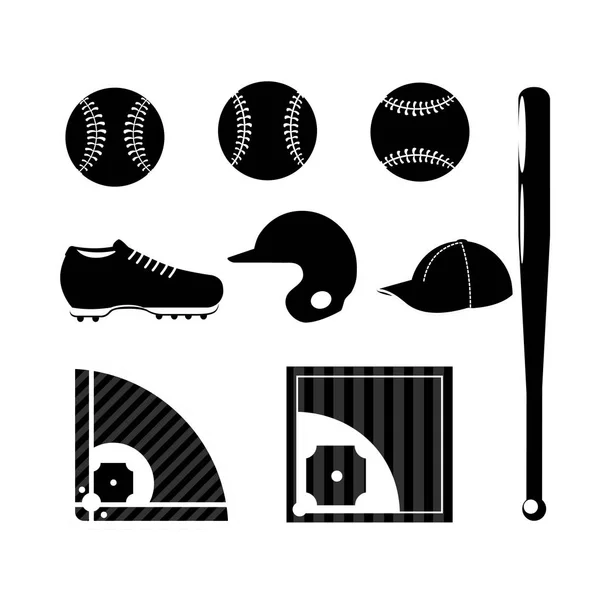 Jeu Sport Ensemble Silhouette Baseball Avec Illustration Vectorielle Équipement Professionnel — Image vectorielle