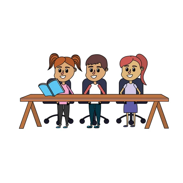 木製の机のベクトル図に座って子供学生 — ストックベクタ