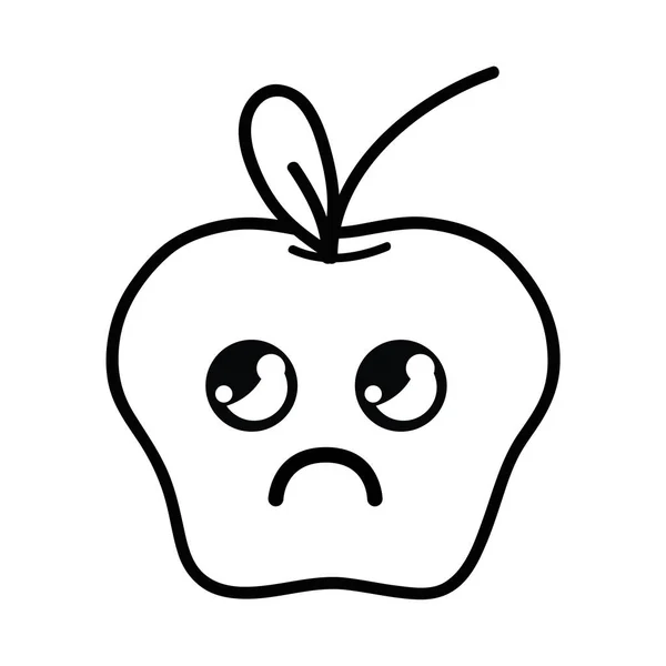 Line Kawaii Cute Sad Apple Fruit Vector Illustration — Stock Vector