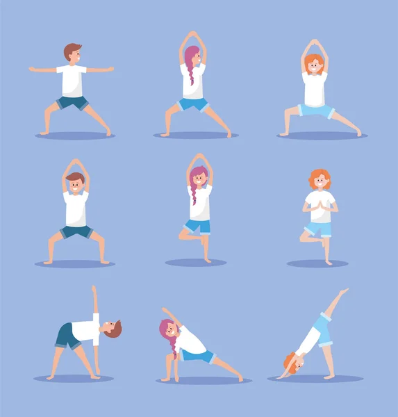 Set Frauen Und Männer Üben Yoga Übung Positionsvektor Illustration — Stockvektor