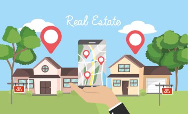 gerçek devlet evleri ve işadamı smartphone ile vektör çizim Haritası