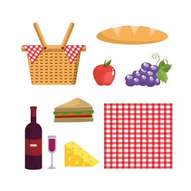 sepet ve masa örtüsü dekorasyon ve yemek vektör çizim ayarla