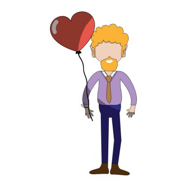adam sakallı ve kalp balon elinde vektör çizim ile