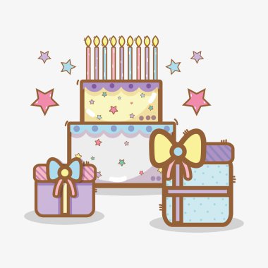 hediye Doğum günü kutlaması, vektör çizim ile hat pasta