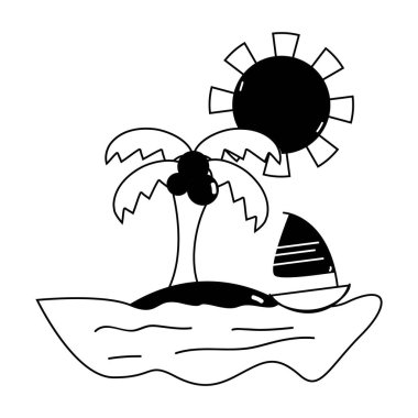 kontur Palmiye Adası vektör çizim etrafında yelken tekne ile