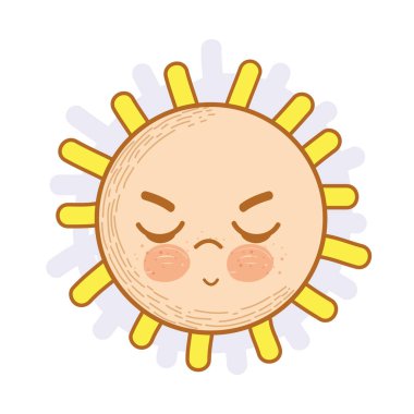 Kawaii kızgın güneş kapalı gözler ve ağız, vektör çizim ile