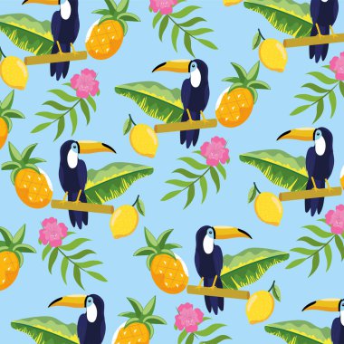 ananas ve tropik çiçekler arka plan vektör çizim ile Toucan