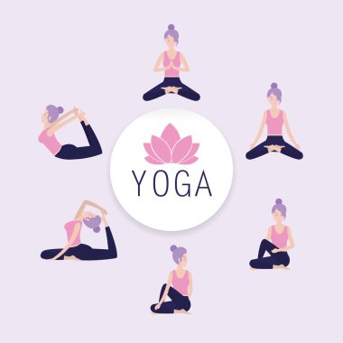 kadın pratik yoga denge vektör çizim ayarla