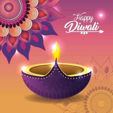 Diwali vassel mandala ile yaktı ve ışıklar illüstrasyon vektör