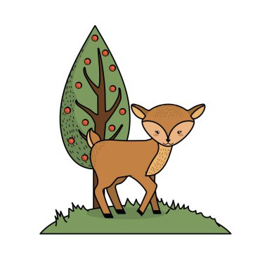 ağaç vektör çizim yanında sevimli geyik vahşi hayvan