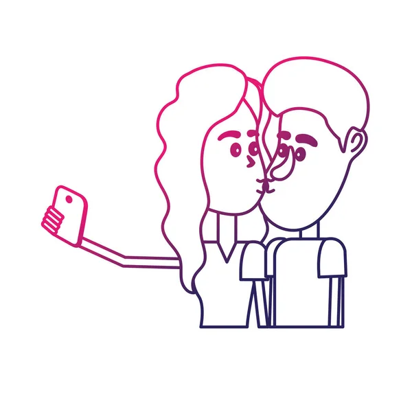 Ilustracja Wektorowa Linii Para Całuje Biorąc Selfie Smartphone — Wektor stockowy