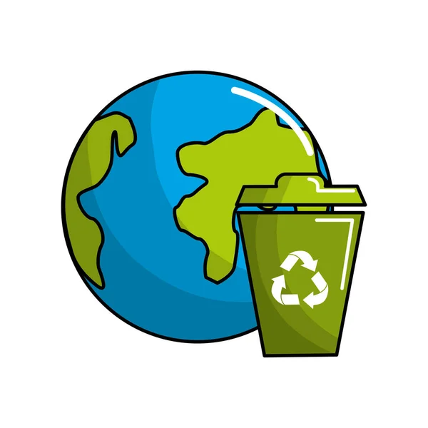 Planeten Und Mülleimer Mit Recycling Symbol Vektorillustration — Stockvektor