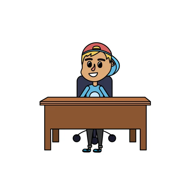 Chlapec Student Sedí Dřevěný Stůl Vektorové Ilustrace — Stockový vektor