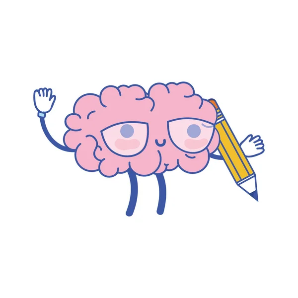 Kawaii Cerebro Feliz Con Lápiz Herramienta Vector Ilustración — Archivo Imágenes Vectoriales