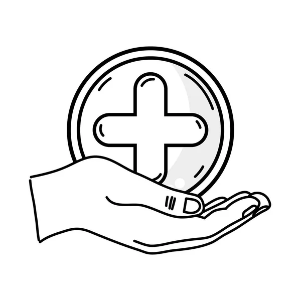 Zeilenhand Mit Kreuz Medizin Symbol Den Menschen Vektorillustration Helfen — Stockvektor