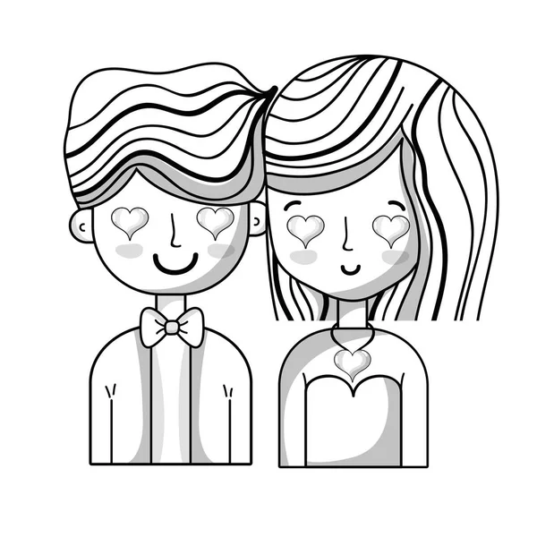 Line Beauty Couple Together Hearts Eyes Vector Illustration — Stock Vector