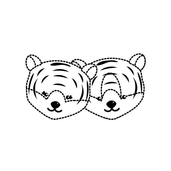 Forme Pointillée Mignon Tigre Tête Animal Couple Ensemble Illustration Vectorielle — Image vectorielle