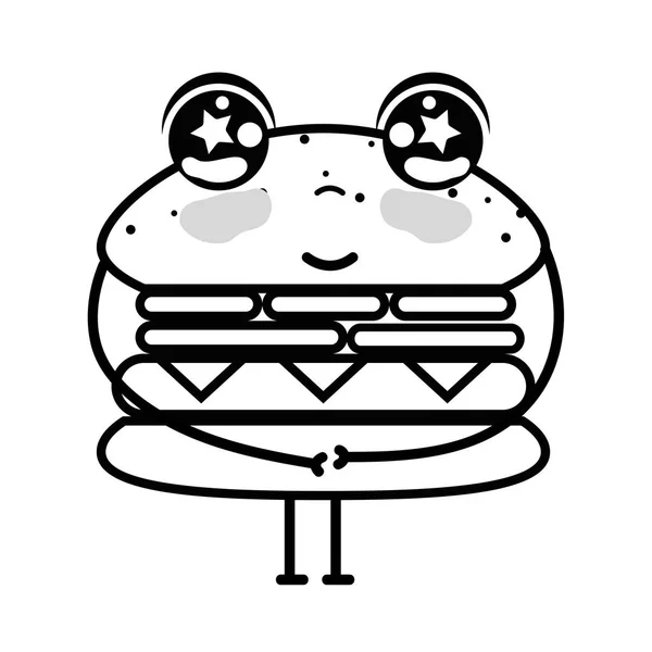 Ligne Kawaii Mignon Heureux Humburger Nourriture Vecteur Illustration — Image vectorielle
