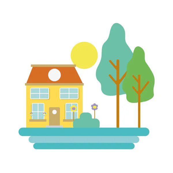 Haus Mit Bäumen Und Pflanze Mit Blumen Und Sonnenvektorillustration — Stockvektor