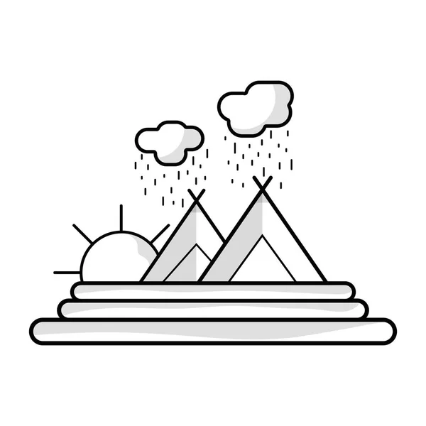 Línea Nube Lloviendo Con Montaña Sol Vector Ilustración — Archivo Imágenes Vectoriales