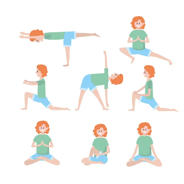 Impostare Donna Formazione Yoga Esercizio Equilibrio Vettore Illustrazione — Vettoriale Stock